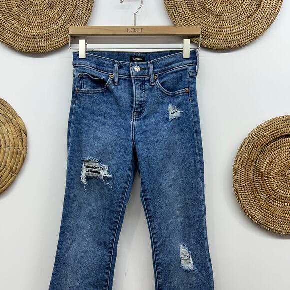 Express Blue Distressed Mid Rise Boot Cut Jeans Denim 2S 2 SHORT - Picture 3 of 5